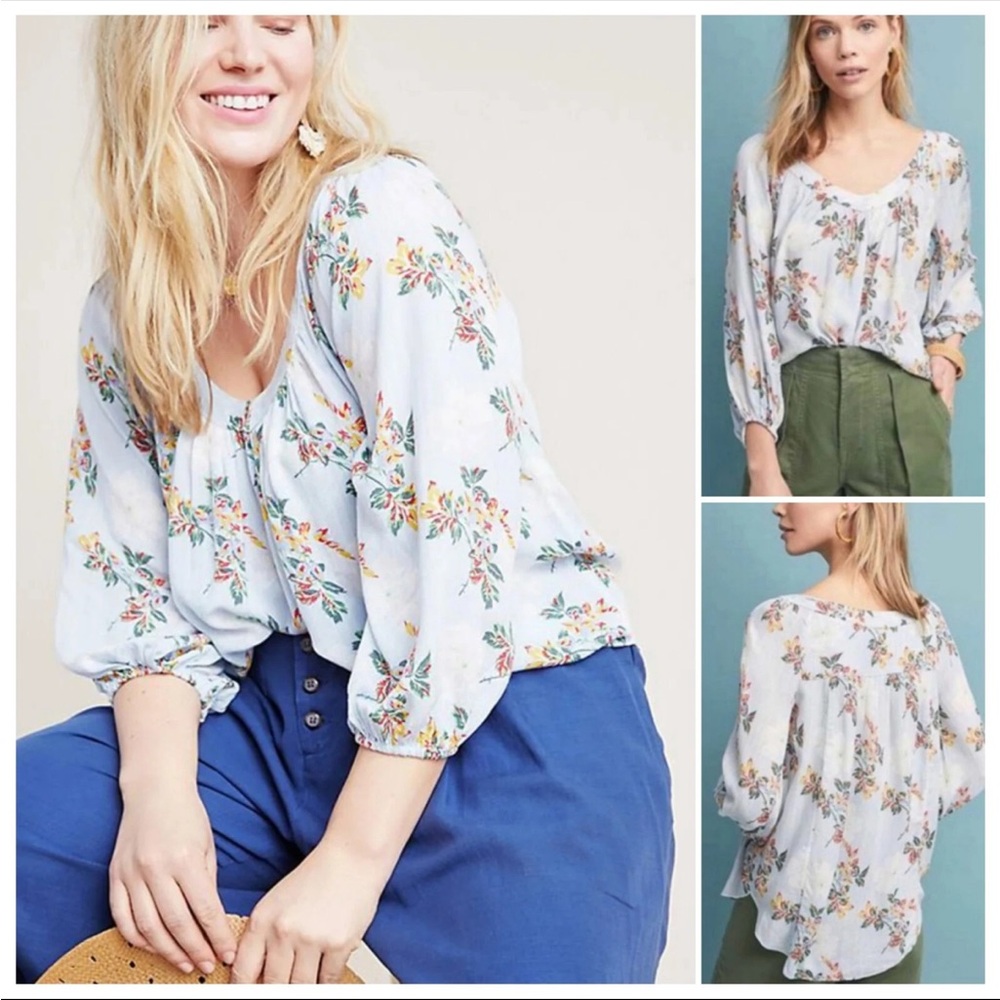 Anthropologie Maeve Sky Blue Stripe Floral Print Peasant Style Blouse Top